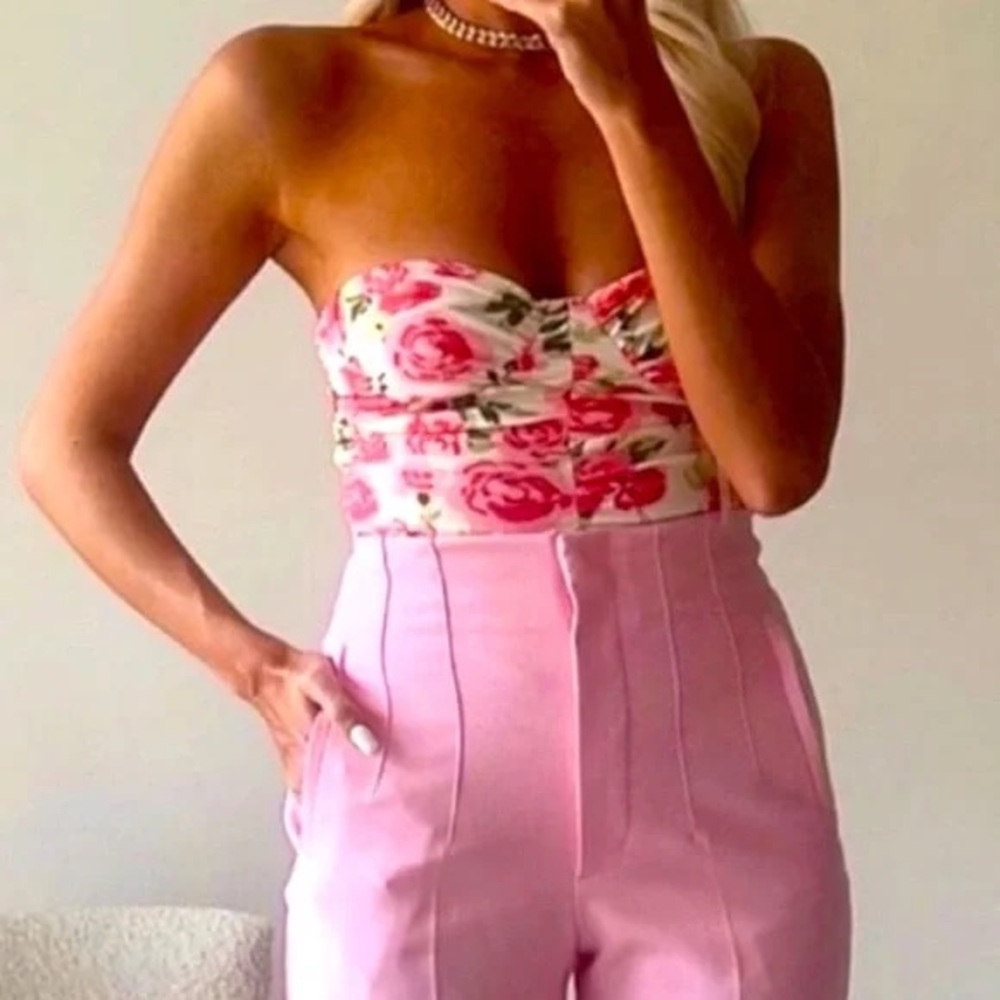 Zara Pink and White Floral draped bodysuit